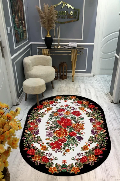 Kaymaz Taban Yıkanabilir Dijital Baskı Oval Kesim Dekoratif Modern Desenli Dot Taban Halı OVAL001 RENKLİ 120 X 180