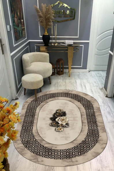 Kaymaz Taban Yıkanabilir Dijital Baskı Oval Kesim Dekoratif Modern Desenli Dot Taban Halı OVAL018 RENKLİ 140 X 200