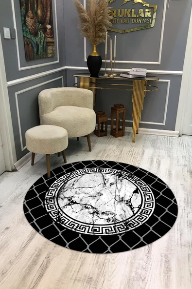 Kaymaz Taban Yıkanabilir Dijital Baskı Dekoratif Modern Desenli Yuvarlak Dot Taban Halı RENKLİ 120 X 120