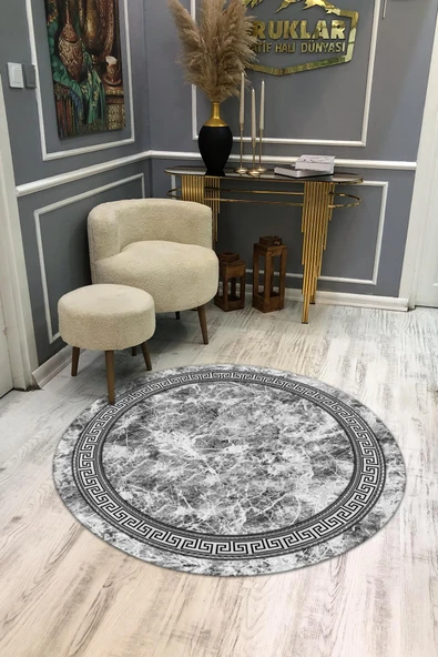 Kaymaz Taban Yıkanabilir Dijital Baskı Dekoratif Modern Desenli Yuvarlak Dot Taban Halı RENKLİ 140 X 140