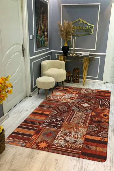Kaymaz Taban Yıkanabilir Dijital Baskı Dekoratif Modern Desenli Dot Taban Halı Nova Serisi NV11 RENKLİ 140 X 200