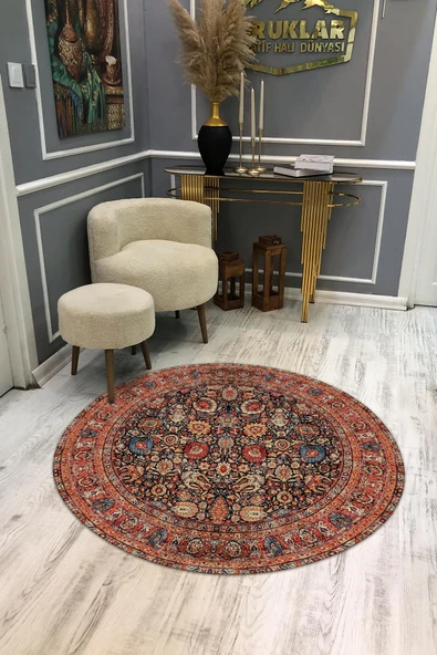 Kaymaz Taban Yıkanabilir Dijital Baskı Dekoratif Modern Desenli Yuvarlak Dot Taban Halı RENKLİ 120 X 120
