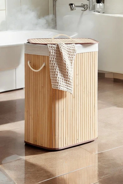Tilbe Home Katlanır Bambu Kirli Çamaşır Sepeti Naturel Dikdörtgen Banyo Organizer Pinterest Stil Kapaklı Sepet - 4