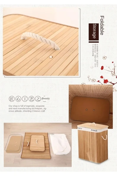 Tilbe Home Katlanır Bambu Kirli Çamaşır Sepeti Naturel Dikdörtgen Banyo Organizer Pinterest Stil Kapaklı Sepet - 2