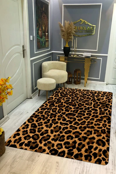 Kaymaz Taban Yıkanabilir Dijital Baskı Dekoratif Modern Desenli Dot Taban Halı Leopar Serisi LEO03 RENKLİ 100 X 200