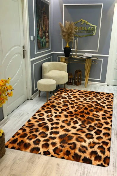 Kaymaz Taban Yıkanabilir Dijital Baskı Dekoratif Modern Desenli Dot Taban Halı Leopar Serisi LEO09 RENKLİ 100 X 200
