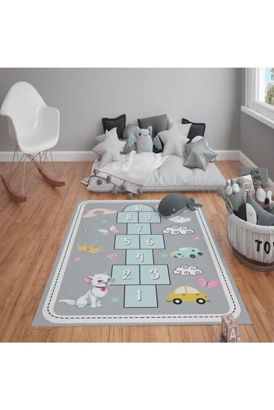 Kaymaz Tabanlı Yıkanabilir Seksek Yol Desenli Çocuk Halısı Dot Taban Halı RENKLİ 180 X 280