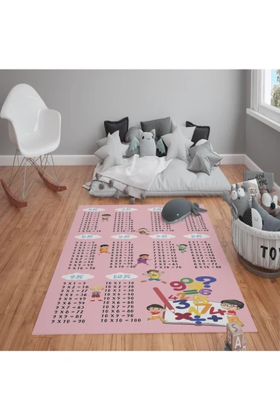 Kaymaz Tabanlı Yıkanabilir Çarpım Tablosu Desenli Çocuk Halısı Dot Taban Halı PEMBE 80 X 200