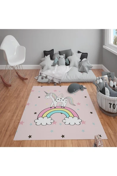 Kaymaz Tabanlı Yıkanabilir Unicorn Desenli Çocuk Halısı Dot Taban Halı PEMBE 80 X 150