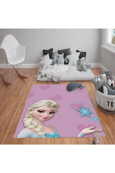 Kaymaz Tabanlı Yıkanabilir Elsa Desenli Çocuk Halısı Dot Taban Halı PEMBE 200 X 300