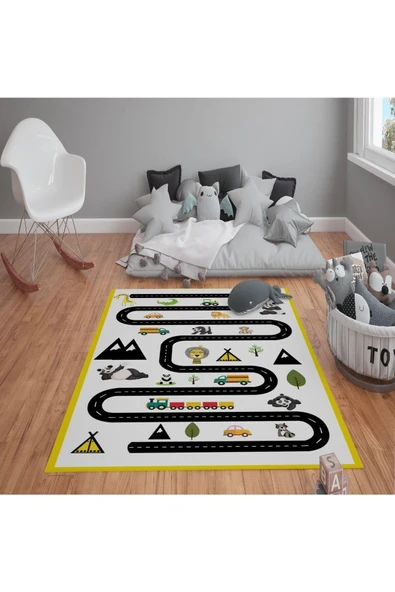 Kaymaz Tabanlı Yıkanabilir Yol ve Jungle Desenli Çocuk Halısı Dot Taban Halı RENKLİ 180 X 280