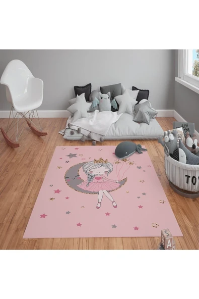 Kaymaz Tabanlı Yıkanabilir Ay Kız Desenli Çocuk Halısı Dot Taban Halı PEMBE 120 X 180