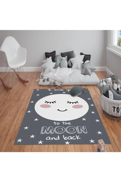 Kaymaz Tabanlı Yıkanabilir Ay Desenli Çocuk Halısı Dot Taban Halı GRİ-BEYAZ 120 X 180