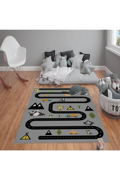 Kaymaz Tabanlı Yıkanabilir Jungle Yol Desenli Çocuk Halısı Dot Taban Halı GRİ 100 X 300