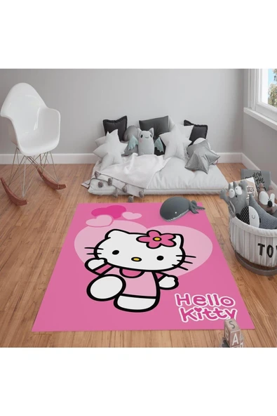 Kaymaz Tabanlı Yıkanabilir Hello Kitty Desenli Çocuk Halısı Dot Taban Halı PEMBE 140 X 200
