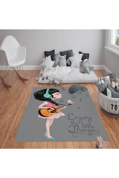 Kaymaz Tabanlı Yıkanabilir Gitarlı Kız Desenli Çocuk Halısı Dot Taban Halı RENKLİ 160 X 230