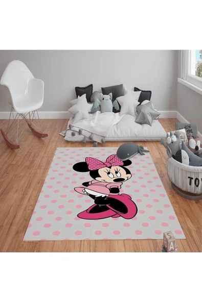 Kaymaz Tabanlı Yıkanabilir Mickey Minnie Desenli Çocuk Halısı Dot Taban Halı Gri-Pembe 80 X 150