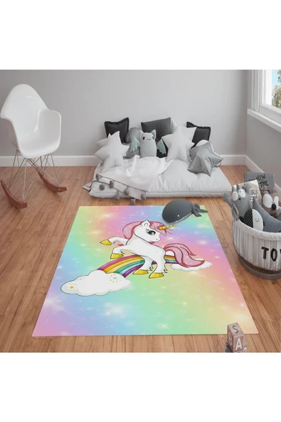 Kaymaz Tabanlı Yıkanabilir Gökkuşağı Unicorn Desenli Çocuk Halısı Dot Taban Halı RENKLİ 80 X 150