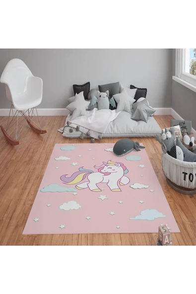 Kaymaz Tabanlı Yıkanabilir Unicorn Desenli Çocuk Halısı Dot Taban Halı PEMBE 200 X 300