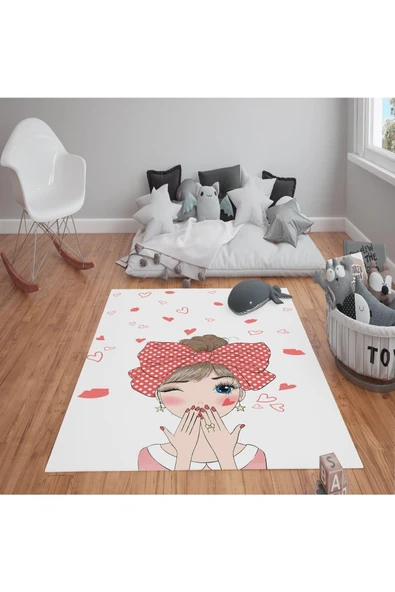 Kaymaz Tabanlı Yıkanabilir Şeker Kız Desenli Çocuk Halısı Dot Taban Halı RENKLİ 80 X 200