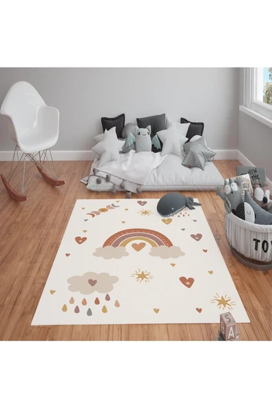Kaymaz Tabanlı Yıkanabilir Minimal Desenli Çocuk Halısı Dot Taban Halı RENKLİ 180 X 280