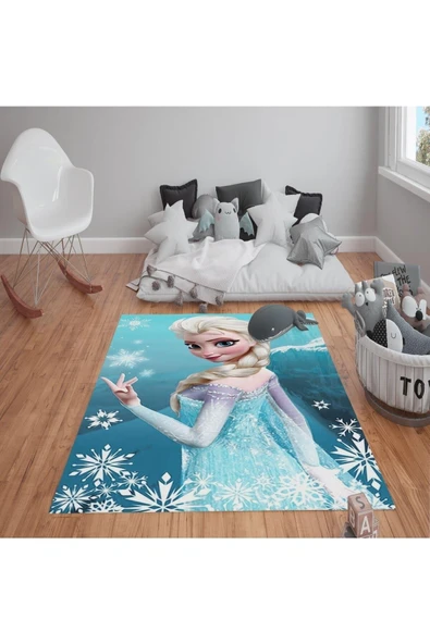 Kaymaz Tabanlı Yıkanabilir Elsa Frozen Desenli Çocuk Halısı Dot Taban Halı RENKLİ 200 X 300