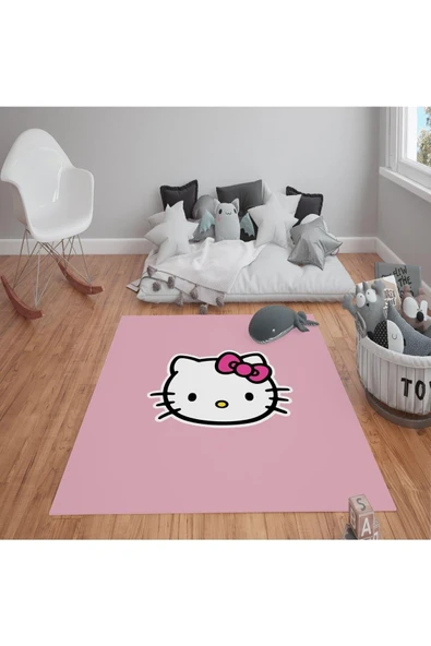 Kaymaz Tabanlı Yıkanabilir Hello Kitty Desenli Çocuk Halısı Dot Taban Halı PEMBE 100 X 300