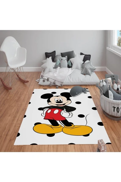 Kaymaz Tabanlı Yıkanabilir Mickey Desenli Çocuk Halısı Dot Taban Halı RENKLİ 180 X 280