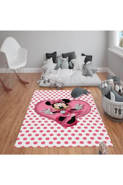 Kaymaz Tabanlı Yıkanabilir Minnie Mouse Desenli Çocuk Halısı Dot Taban Halı PEMBE 80 X 300
