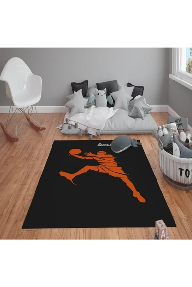 Kaymaz Tabanlı Yıkanabilir Basketbol Desenli Çocuk Halısı Dot Taban Halı TURUNCU-SİYAH 80 X 300