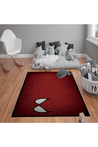 Kaymaz Tabanlı Yıkanabilir Örümcek Adam Desenli Çocuk Halısı Dot Taban Halı KIRMIZI 100 X 300