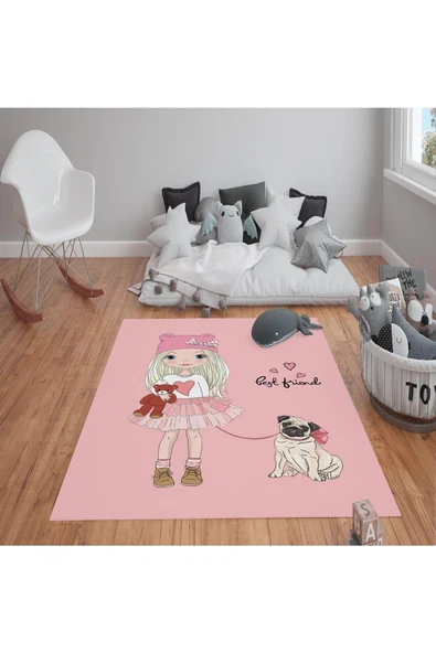 Kaymaz Tabanlı Yıkanabilir Tatlı Kız ve Köpek Desenli Çocuk Halısı Dot Taban Halı PEMBE 180 X 280