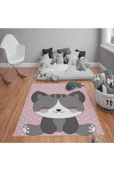Kaymaz Tabanlı Yıkanabilir Kedi Desenli Çocuk Halısı Dot Taban Halı PEMBE 100 X 300