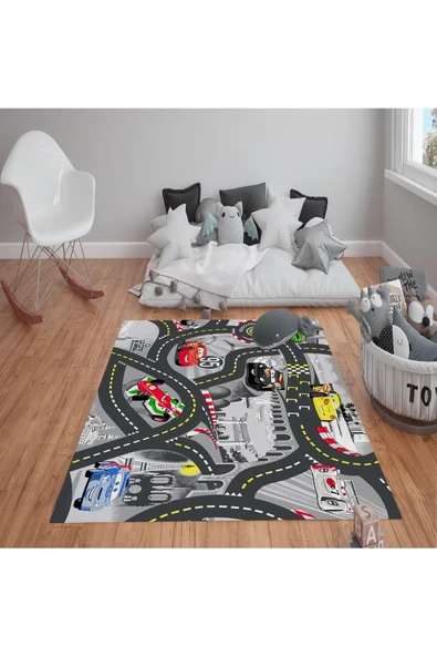 Kaymaz Tabanlı Yıkanabilir Mc Yol Desenli Çocuk Halısı Dot Taban Halı GRİ 160 X 230