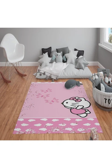 Kaymaz Tabanlı Yıkanabilir Hello Kitty Çocuk Halısı Dot Taban Halı PEMBE 120 X 180