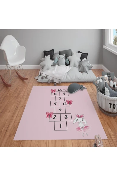 Kaymaz Tabanlı Yıkanabilir Seksek Desenli Çocuk Halısı Dot Taban Halı PEMBE 80 X 200