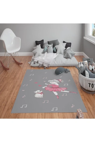 Kaymaz Tabanlı Yıkanabilir Tatlı Kız Kedi ve Nota Desenli Çocuk Halısı Dot Taban Halı GRİ 80 X 200