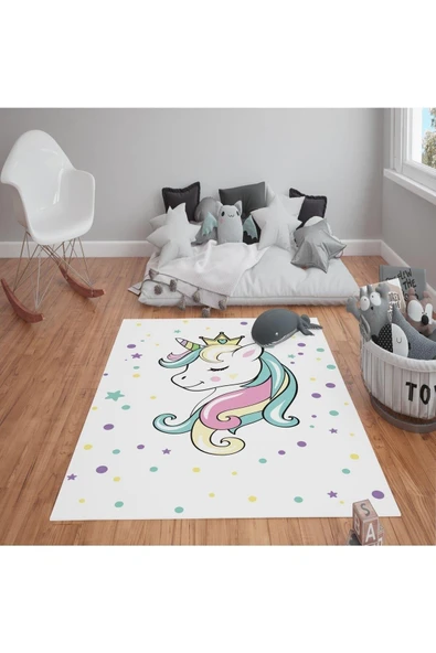 Kaymaz Tabanlı Yıkanabilir Unicorn Desenli Çocuk Halısı Dot Taban Halı RENKLİ 100 X 300