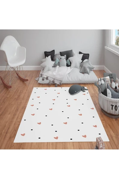 Kaymaz Tabanlı Yıkanabilir Kalp Desenli Çocuk Halısı Dot Taban Halı PEMBE-BEYAZ 100 X 300