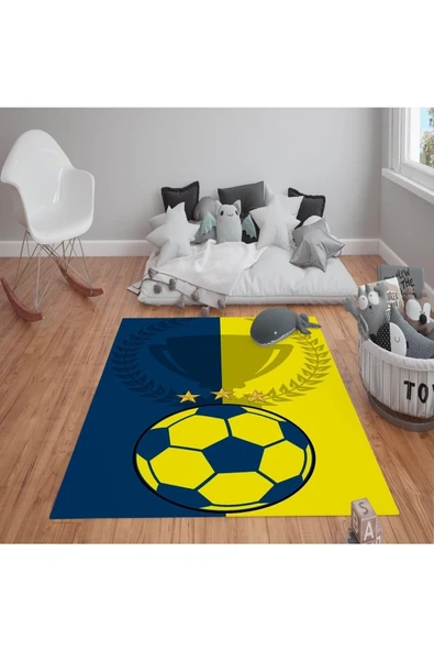 Kaymaz Tabanlı Yıkanabilir Kupa ve Futbol Topu Desenli Çocuk Halısı Dot Taban Halı MAVİ 140 X 200