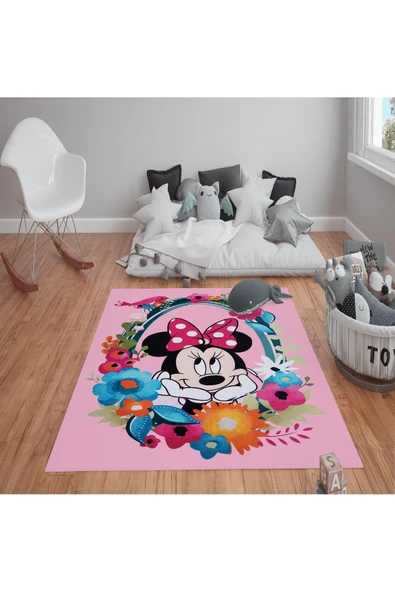 Kaymaz Tabanlı Yıkanabilir Mickey Mouse Desenli Çocuk Halısı Dot Taban Halı PEMBE 200 X 300