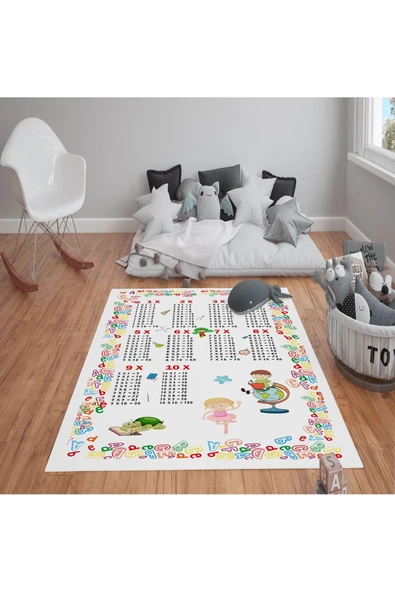 Kaymaz Tabanlı Yıkanabilir Çarpım Tablosu Desenli Çocuk Halısı Dot Taban Halı RENKLİ 100 X 300