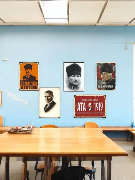Mustafa Kemal Atatürk Temalı 5 Adet (20cmx29cm) Çerçeve Görünümlü A4 Mdf Tablo İle Ev, Okul, Kafe, İş Yeri Dekorasyonunuza Ruh Katan Dekoratif Hediyelik - 2