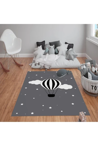 Kaymaz Tabanlı Yıkanabilir Balon Desenli Çocuk Halısı Dot Taban Halı GRİ 120 X 180
