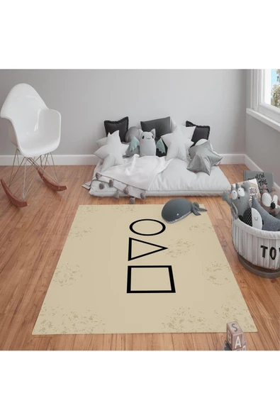 Kaymaz Tabanlı Yıkanabilir Geometrik Squid Game Desenli Çocuk Halısı Dot Taban Hal Bej 100 X 200