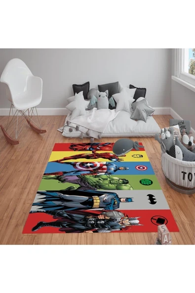 Kaymaz Tabanlı Yıkanabilir Marvel Avengers Desenli Çocuk Halısı Dot Taban Halı RENKLİ 100 X 300