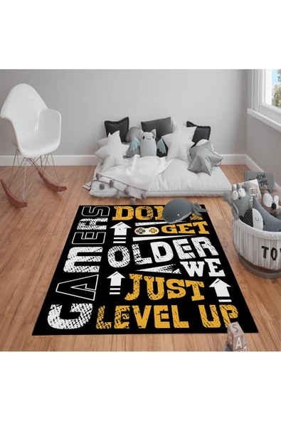Kaymaz Tabanlı Yıkanabilir Gamer Desenli Çocuk Halısı Dot Taban Halı SİYAH SARI 140 X 200