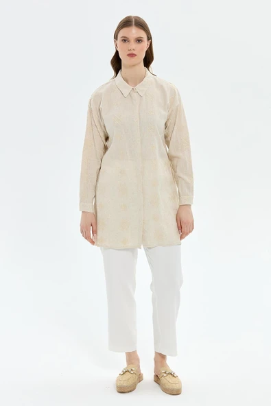 Müsemma Oversize Nakışlı Midi Gömlek - Uzun Kol