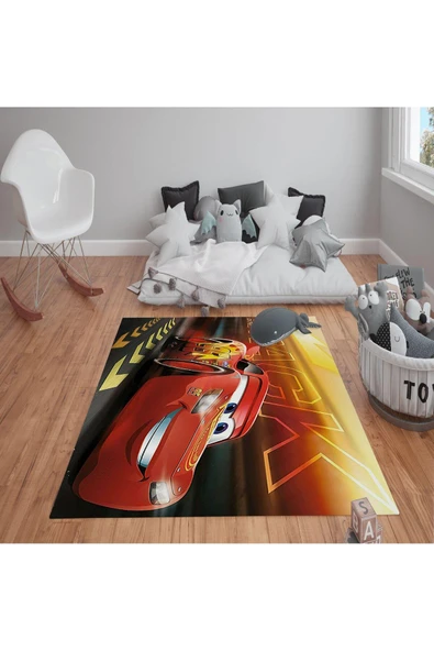 Kaymaz Tabanlı Yıkanabilir Şimşek McQueen Desenli Çocuk Halısı Dot Taban Halı KIRMIZI 100 X 200