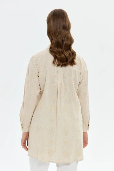 Müsemma Oversize Nakışlı Midi Gömlek - Uzun Kol - 4